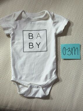 NWOT White Baby Onesie with BABY Square Graphic, 0-3 Months